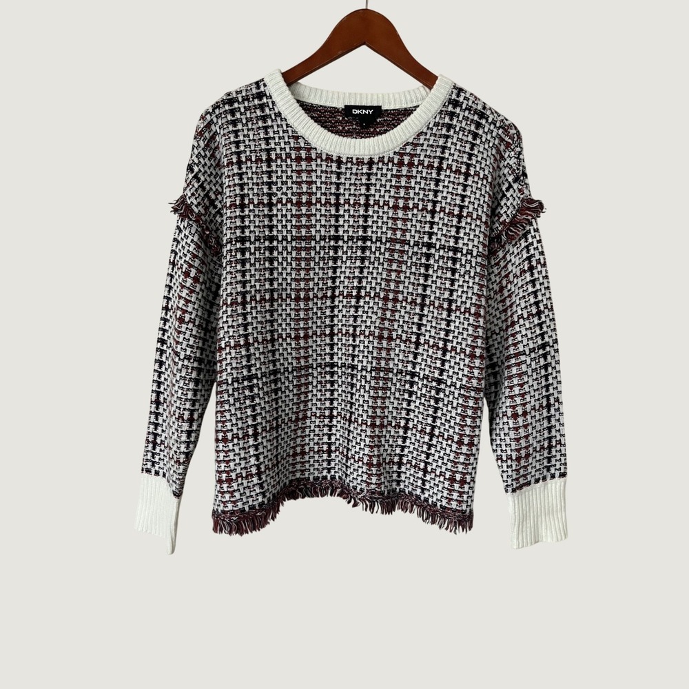 DKNY Womens Textured Fringe Knit Sweater Burgundy Black White Metallic Medium